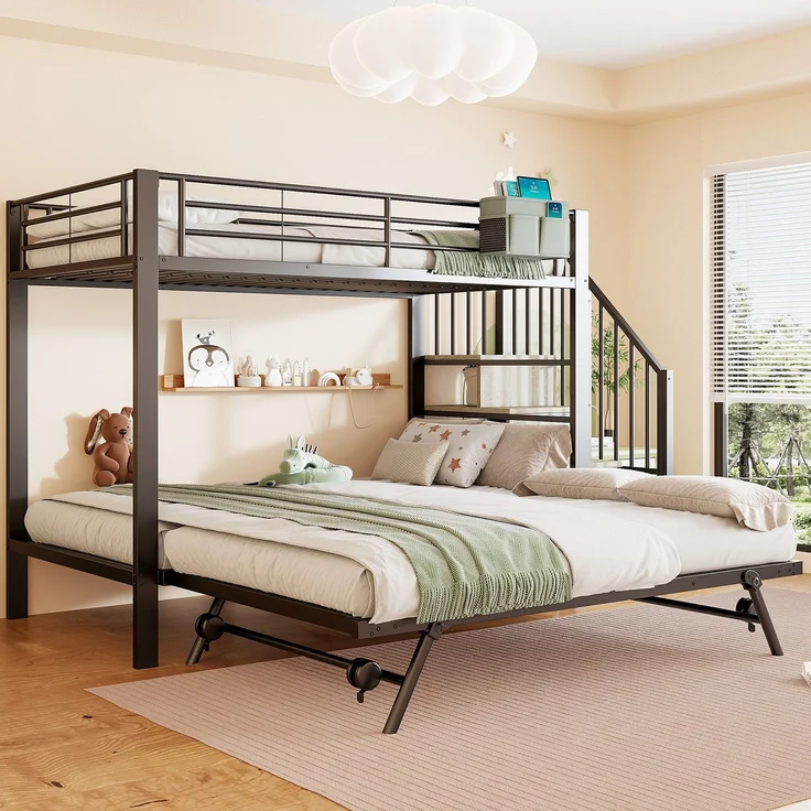 Etagenbett, 90x200cm/180x200cm, untere Liegefläche erweiterbar, Treppe mit Regal, Kinderbett mit Rausfallschutz, Metallbett – Bild 3