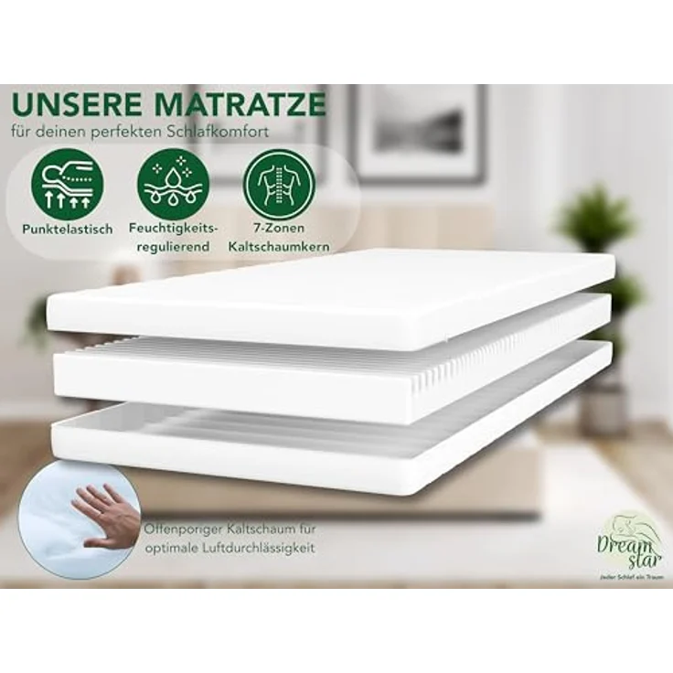 DREAMSTAR Easy Flex | ergonomische 7-Zonen Kaltschaummatratze | Öko-Tex Zertifiziert | Härtegrad 3 und 4 | Rollmatratze 13 cm I 160x200 cm – Bild 4