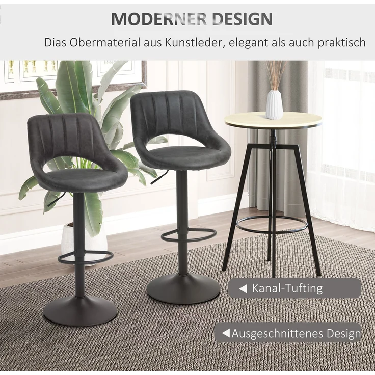 Barhocker 2er-Set, Lederoptik, drehbar, höhenverstellbar, Fußstütze, Metallrahmen, 47 x 52 x 87-109 cm, Grau--Grau--109x47x52cm--YOUDENOVA – Bild 9