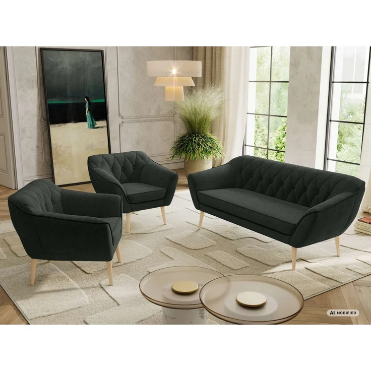 Wohnzimmerset PIRS 1-1-3, Skandinavisches 3-Sitzer Sofa mit Sesseln, Sofa mit Wellenfederung, Buche Füße, Skandinavisches Möbelset - Dunkelgrau Stukture – Bild 5