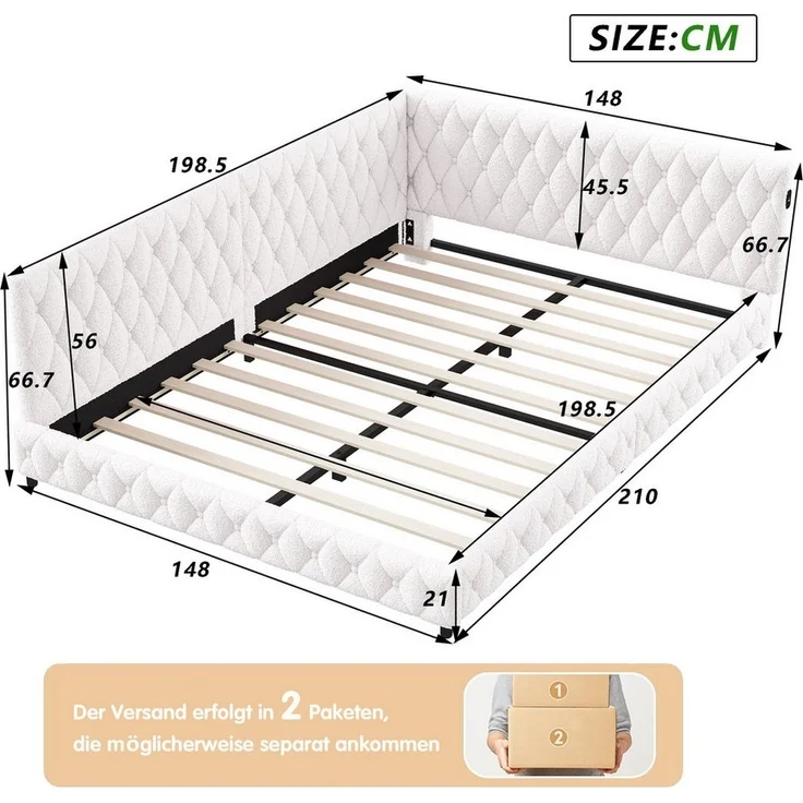 PXloue Polsterbett Daybett Tagesbett, Schlafsofa,Mit LED-Beleuchtung und USB-Ladeanschluss,140x200 cm – Bild 3