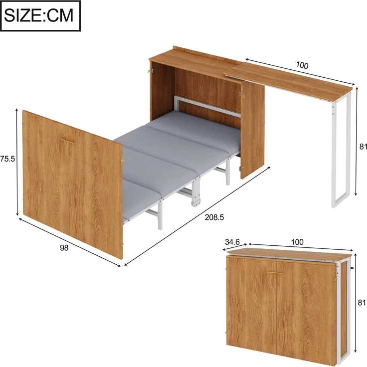 Klappbett mit drehbarem Schreibtisch und Matratze, platzsparendes Schrankbett mit Rollen, ideal für kleine Räume, Gästezimmer und Homeoffice – Bild 10