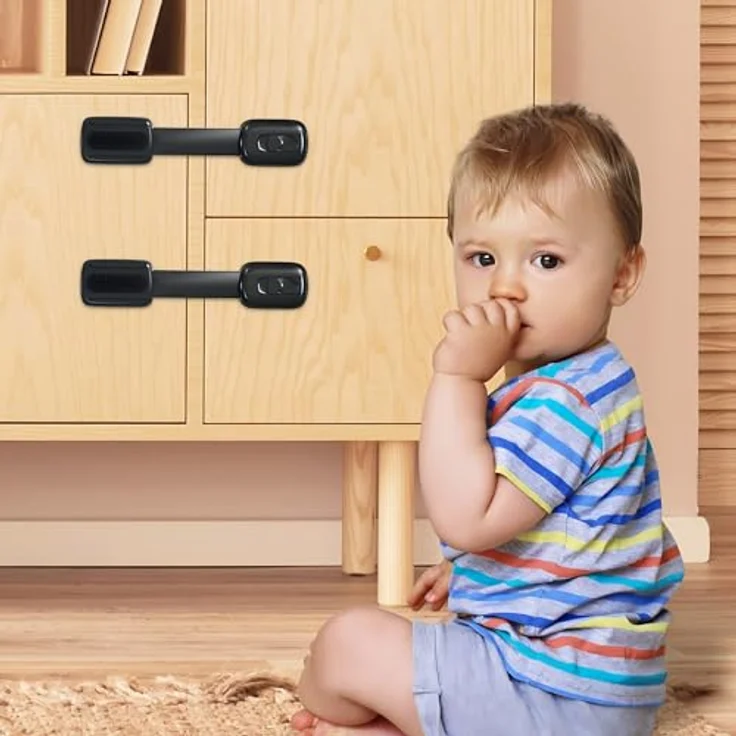 ECHOCUBE 10 Stück Kindersicherung für Schrank, Verstellbare Baby Schubladensicherungen mit 3M Kleber, Baby Sicherheitsschlösser für Schränke, Schubladen, Kühlschrank - ohne Bohren (Schwarz) – Bild 4