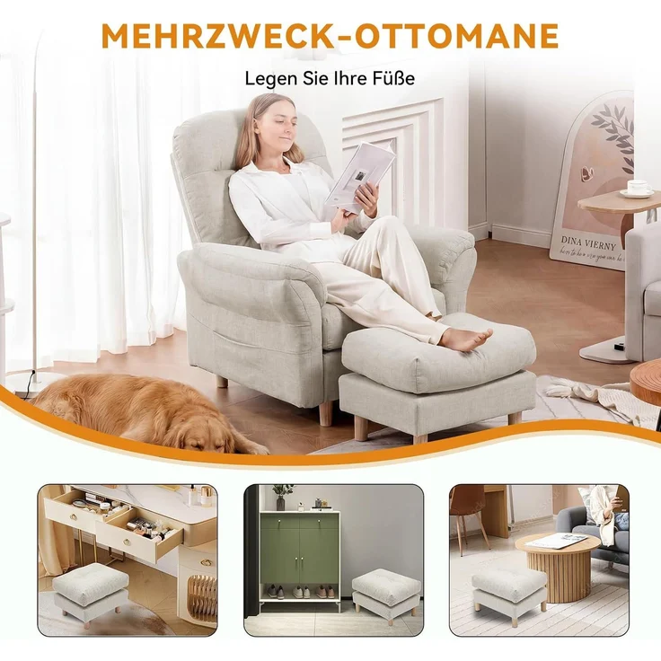 COMHOMA Relaxsessel Fernsehsessel mit Verstellbarer Rückenlehne 4-Gang-Verstellung bis 160°,Federkissen mit Hocker Einzelliege Sessel Wohnzimmer Schlafzimmer Heimkino Leinen, BEIGE – Bild 8