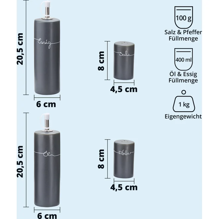 KHG Menage Set Keramik Steingut poliert, Anthrazit Grau mit Holz-Halterung für Öl Essig Salz & Pfeffer für den Tisch mit Beschriftung | Öl- & Gewürze-Vorrat 5-teilig mit Schutz-Deckel – Bild 7