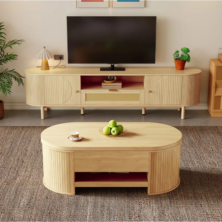 DESVIAE Couchtisch-Set 2-tlg. höhenverstellbar mit TV-Schrank 110x40x55,5 cm / 175x41x36 cm MDF Natur – Bild 4