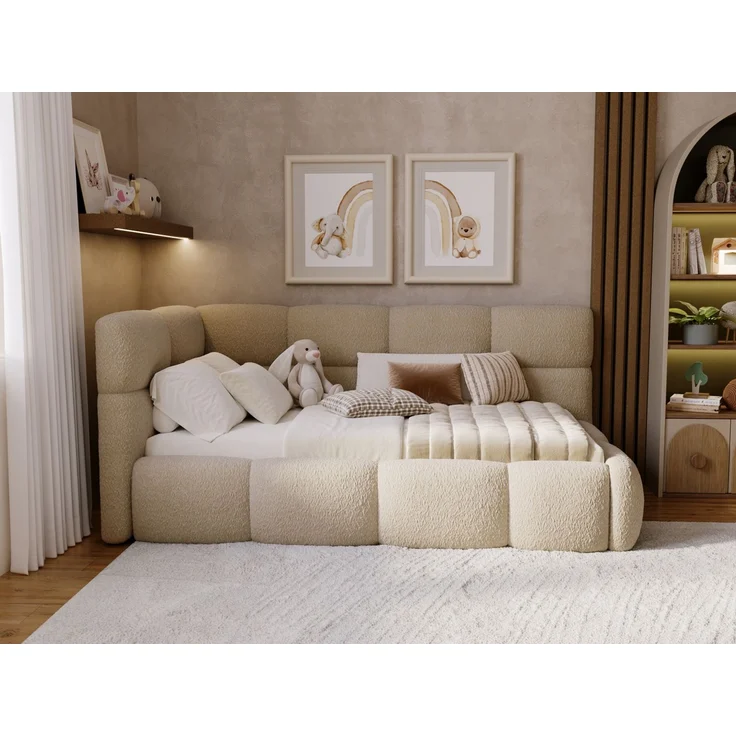 GRAINGOLD Modo One Jugendbett 90x200, Einzelbett mit Bettkasten, mit Lattenrost, Bouclé-Stoff, Rechts, Dunkelbeige – Bild 5