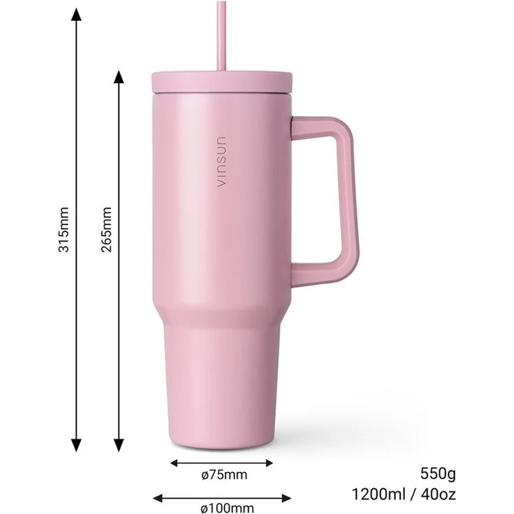 Vinsun Thermobecher Edelstahl Tumbler 1200ml 40oz - Isolierbecher mit Strohhalm und Henkel, 5-tlg, Edelstahl, Doppelwandig isoliert, BPA frei, bruchfest, Kalt- und Heißgetränke – Bild 2