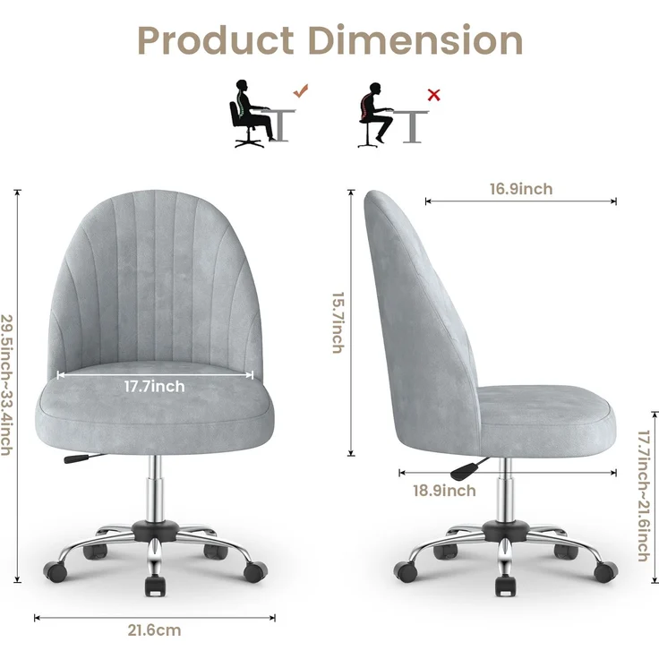 Botifly Bürostuhl ohne Armlehnen, Samt, Grau, 8 cm Polsterung, 360° Drehbar – Bild 10