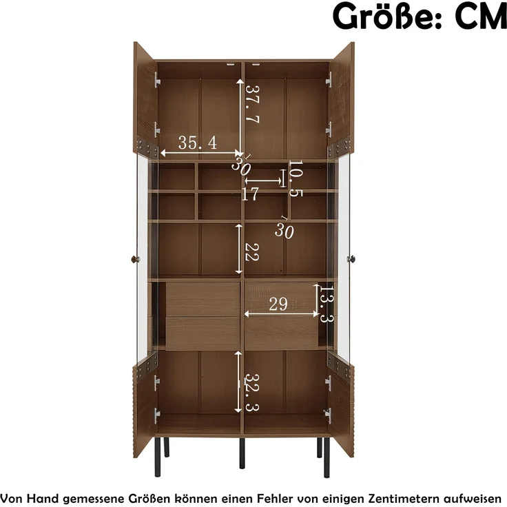 Mehrzweig-Vitrinenschrank in Nussbaumholzoptik: Glasfront + Etagenregal + versteckte Schublade｜Allround-Aufbewahrungslösung für Bad/Wohnzimmer/Büro--Holz--75.5x35x164.5cm--YOUDENOVA – Bild 6