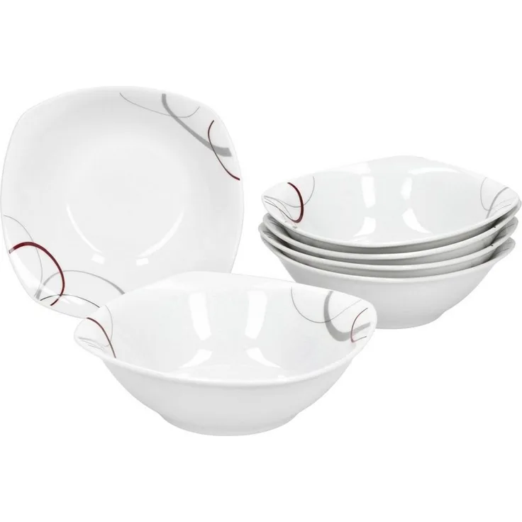 6er Set Müslischale Palazzo 14,2cm - kleine Schale / Schüssel aus weißem Porzellan mit Dekor-Kreisen in grau und dunkelrot