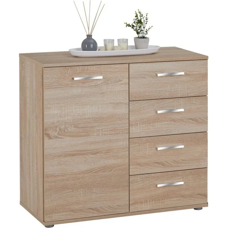 CARO-Möbel Kommode Sideboard Schrank Chicago in Sonoma Eiche, mit Tür und 4 Schubladen Highboard