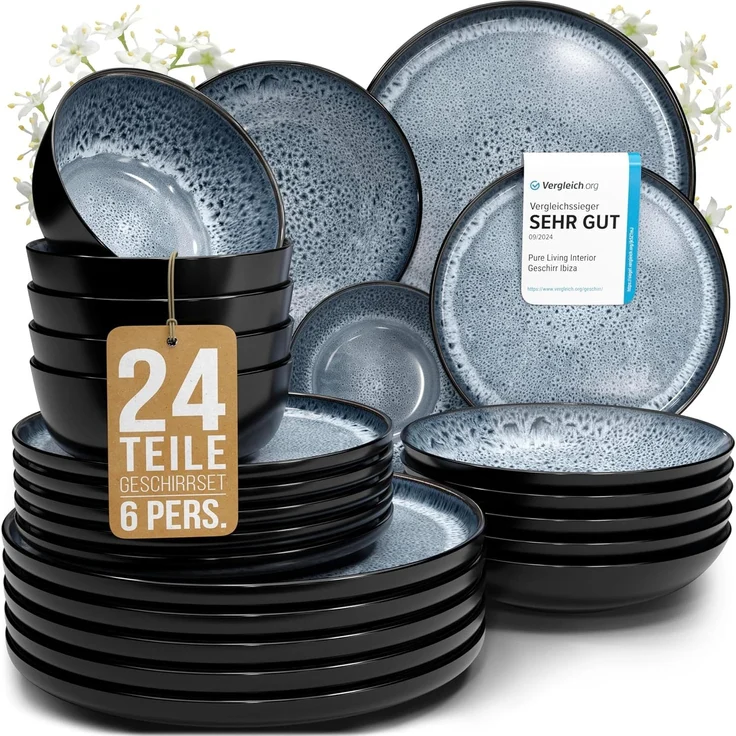 Steingut Geschirrset 6 Pers. Ibiza 24-tlg Hochwertiges Mediterranes TEST SEHR GUT Steingut Geschirr Set - Schüssel- und Teller Set - Tafelservice 6 Personen Geschirrsets Pure Living in Rauchblau – Bild 1