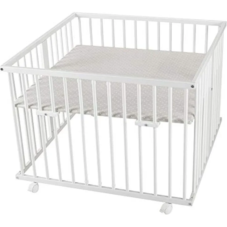 WALDIN Baby Laufgitter/Laufstall ca. 100x100 cm, BUCHE MASSIV, höhen-verstellbar, 2 Modelle wählbar, Holz weiß lackiert, Stoff weiß/Punkte grau