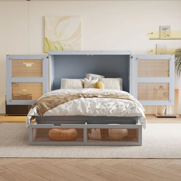 Murphy Bett Klappbett Wandbett Grau 140x200 mit Rattan Design Stauraum Schrankbett Platzsparend Gästebett Jugendzimmer Kleine Wohnung 150kg Belastbar Kiefer Massivholz Montage