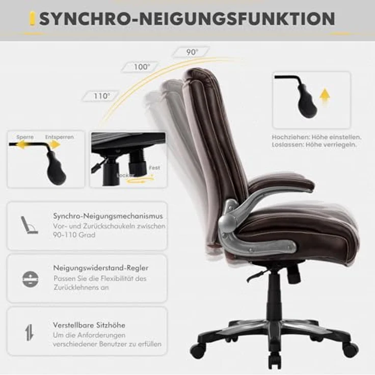 COLAMY Bürostuhl, Bürostuhl Ergonomisch, Großer und hoher Schreibtischstuhl 181 kg, großer, strapazierfähiger Chefsessel mit hoher Rückenlehne und klappbaren Armlehnen für das Homeoffice, Braun – Bild 8