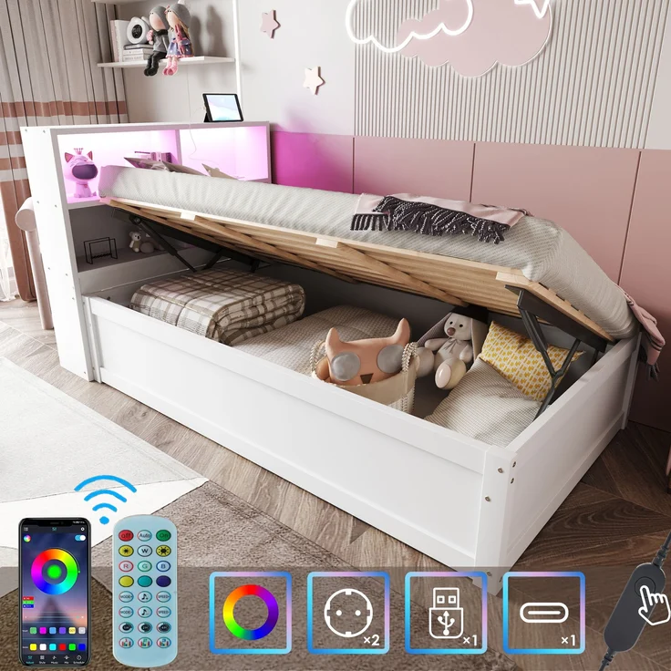 Bett 90x200 cm aus Massivholz mit Stauraum und LED-Beleuchtung – Bild 4