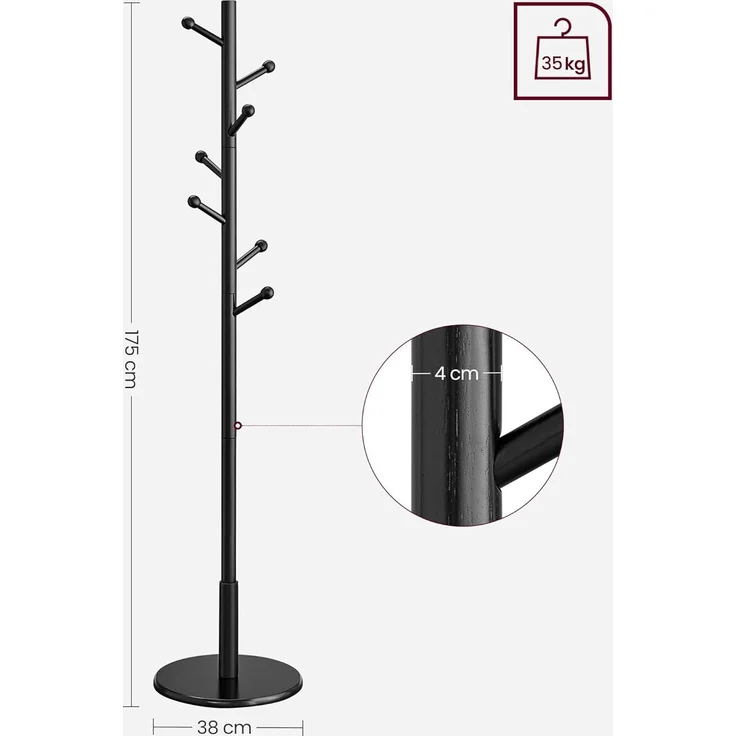 VASAGLE Garderobenständer, Kleiderständer Massivholz, Jackenständer Baumform, 7 Haken für Jacken, Hüte, für Flur, Haken und Haltestange aus Kautschukholz, tintenschwarz RCR007P33 – Bild 5