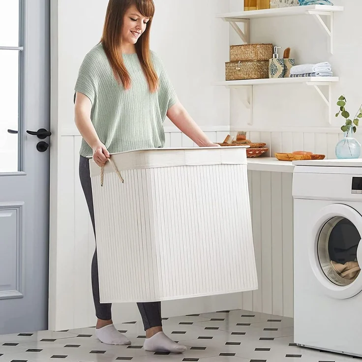 Songmics Wäschekorb mit 3 Fächern, Bambus Weiß, 150L / 60 x 40 x 61,5 cm – Bild 4