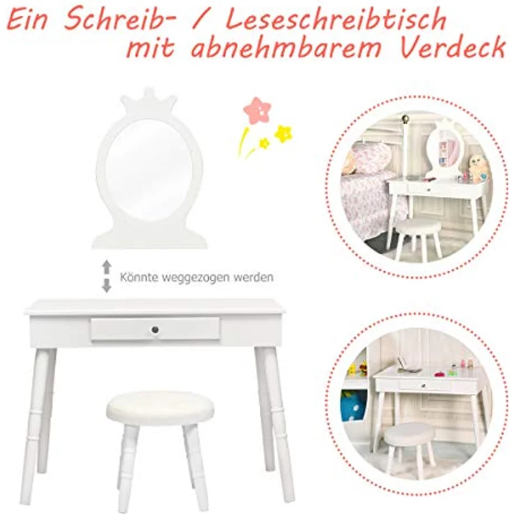 COSTWAY Kinder Schminktisch mit Hocker und abnehmbarem Spiegel, Holz weiß, 34 x 70 x 100 cm – Bild 4