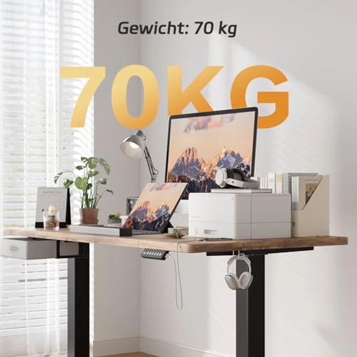 JUMMICO Höhenverstellbarer Elektrischer Stehtisch 140 x 80 cm mit Schublade und Haken – Höhenverstellbarer Sitz-Steh-Tisch mit Stabilem Stahlrahmen, Breiter Stehtisch für das Homeoffice, Braun – Bild 7