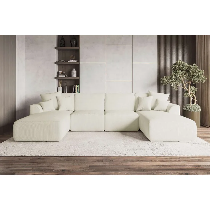 99rooms Gusto Wohnlandschaft Cordstoff POSO Creme mit Schlaffunktion