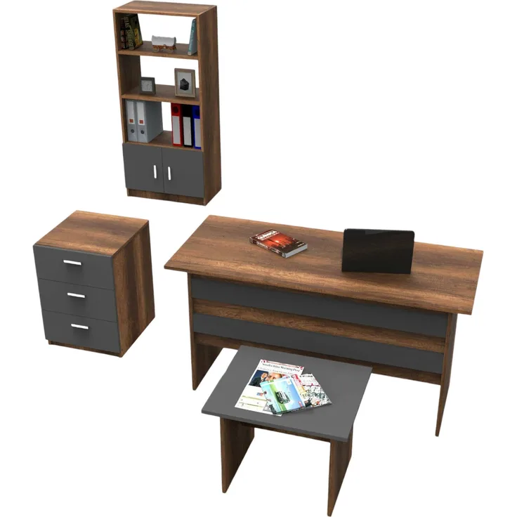 Dmora Büro-Set Rebekah, Studio-Komposition, Büroartikel, Schreibtisch und Schubladenset, Walnuss und Anthrazit