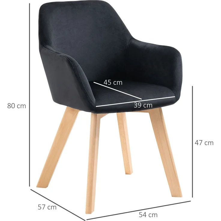 HOMCOM Esszimmerstuhl, Samt(100% Polyester), Gummiholz, Schwarz, 54L x 57B x 80H cm – Bild 3
