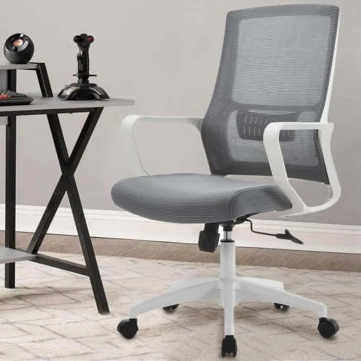 Shally Dogan Ergonomischer Drehstuhl mit Lendenwirbelstütze, Schreibtischstuhl, Arbeitszimmerstuhl, höhenverstellbar, stabile weiße Basis, schweißfeste Rückenlehne (Grau) – Bild 3