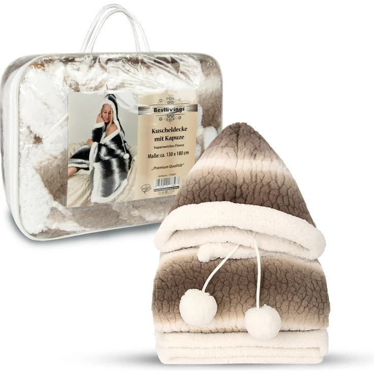 Bestlivings Kuscheldecke mit Kapuze 130 x 180 cm in Braun für Kinder und Erwachsene, TV-Decke, Sherpa Decke in Felloptik – Bild 2