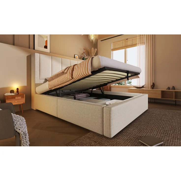 Einzelbett mit Klapp-Kopfstütze & Ladestation, Leinen, 90x200 cm, Beige, mit Matratze – Bild 3