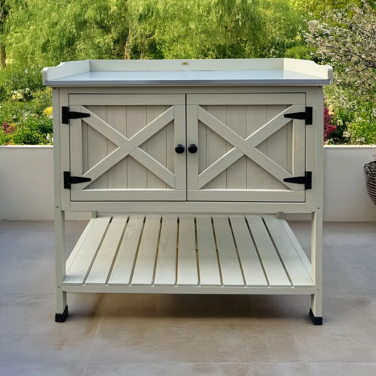 HABAU Pflanztisch mit Unterschrank und Ablage aus Holz, Grau, 98 x 48 x 97,5 cm – Bild 8
