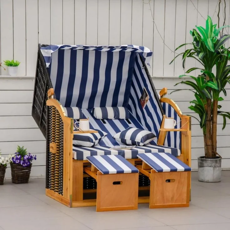 PureHaven Strandkorb 118 x 79 x 150 cm für 2 Personen inkl. Rücken- und Sitzkissen verstellbare Rückenlehne Klapptische und Fußstützen blau – Bild 1
