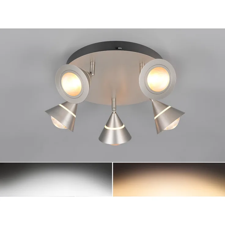 Moderner LED Deckenstrahler ROMEO mit 5 schwenkbaren Spots Silber Ø 30cm