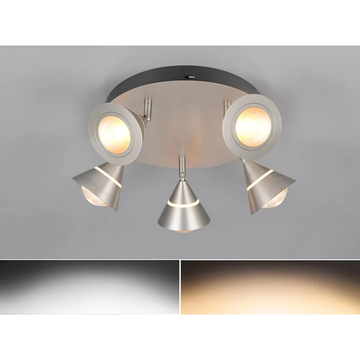 Moderner LED Deckenstrahler ROMEO mit 5 schwenkbaren Spots Silber Ø 30cm – Bild 1