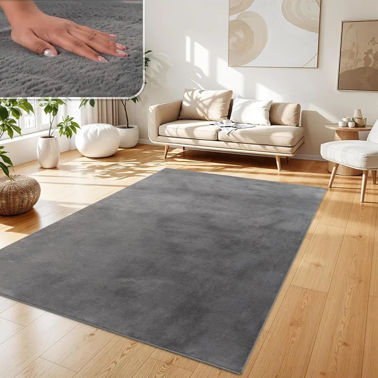 Paco Home Hochflor Teppich Wohnzimmer Flauschig Fellteppich Kunstfell Plüsch Shaggy Weich Fellimitat, Grösse:120x170 cm, Farbe:Anthrazit