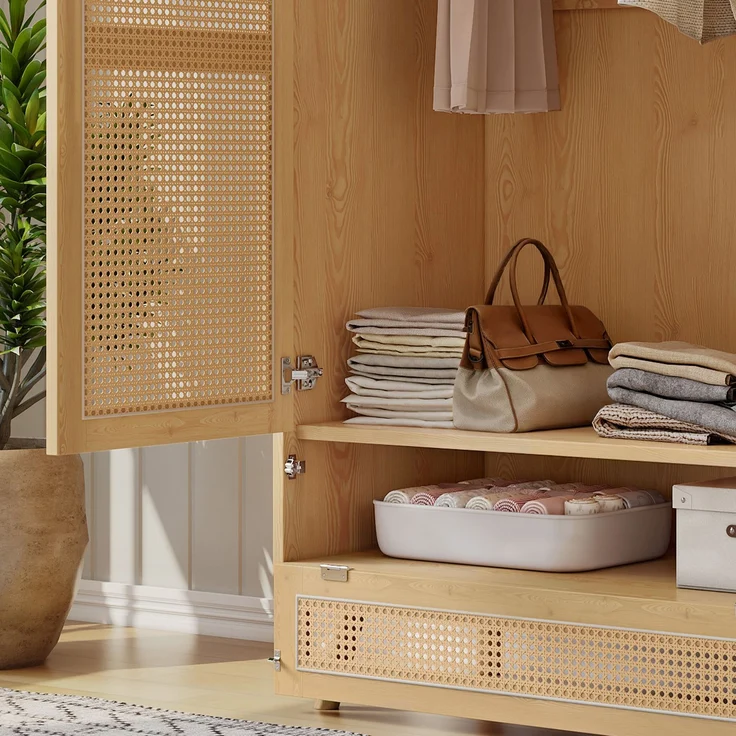 Abrihome Kleiderschrank mit 2 Türen, Rattan-Stange, Schlafzimmer, Beige, 183x145x90 cm – Bild 9