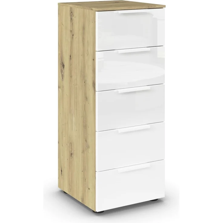 Rauch Möbel Flipp, Kommode für Schlafzimmer, Kinderzimmer, Wohnzimmer, Jugendzimmer, Flur, Garderobe, 5 Schubladen, mit Softclose Funktion, Farbe Eiche Artisan, Holz/Glas Weiß, Breite 40 cm