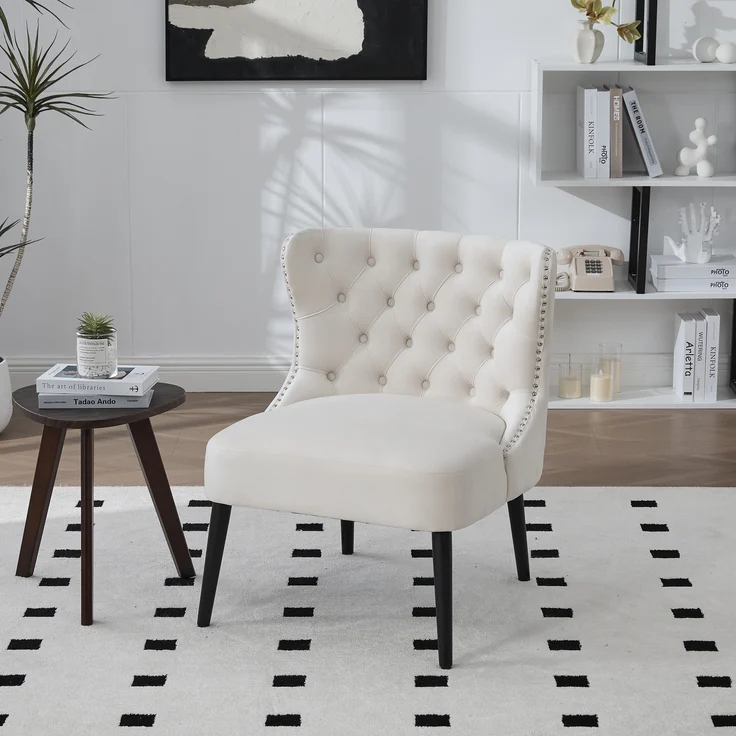 LVHOM Polsterstuhl aus Samt, Esszimmerstühle mit Knopfheftung, ohne Armlehnen, Massivholz Beine, Für Wohnzimmer, Büro & Schlafzimmer, Beige – Bild 2