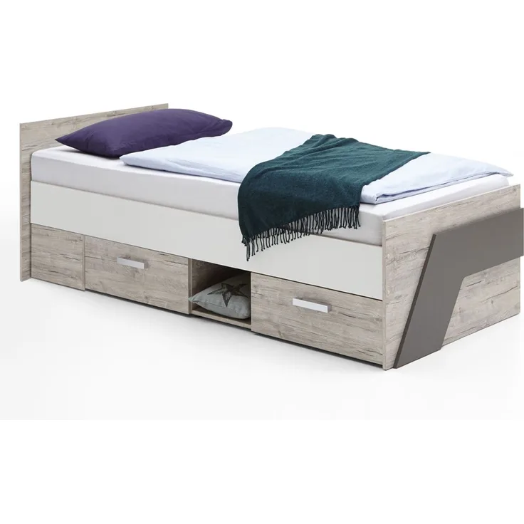 Jugendzimmer Set mit Schreibtisch 6-teilig LEEDS-10 in Sandeiche Nb. mit weiß, Lava und Denim Blau
