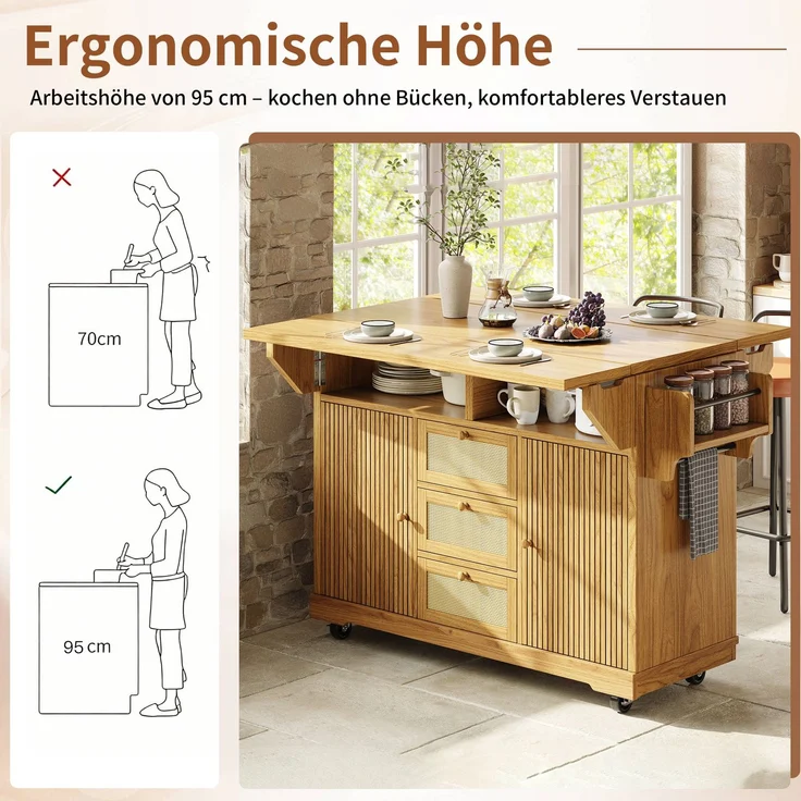 Küchenwagen B 142,5 x T 80 x H 95 cm, klappbar und erweiterbar, aus MDF mit PE-Rattan – Bild 8