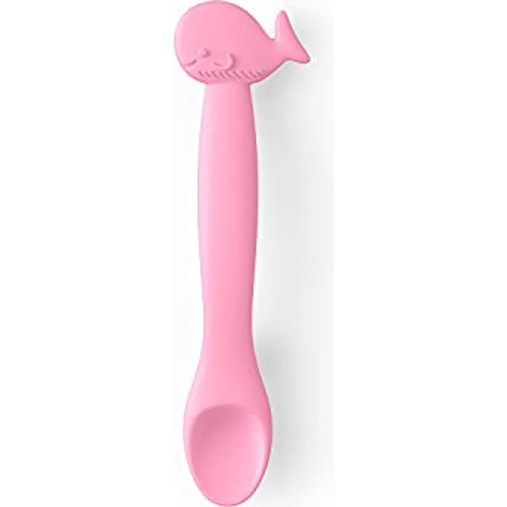 Suavinex Löffel aus Silikon für Kinder + 4 Monate, flexibel mit langem Griff und niedlichen Tieren, weich, für empfindliche Geniss, spülmaschinenfest, Wal, Rosa