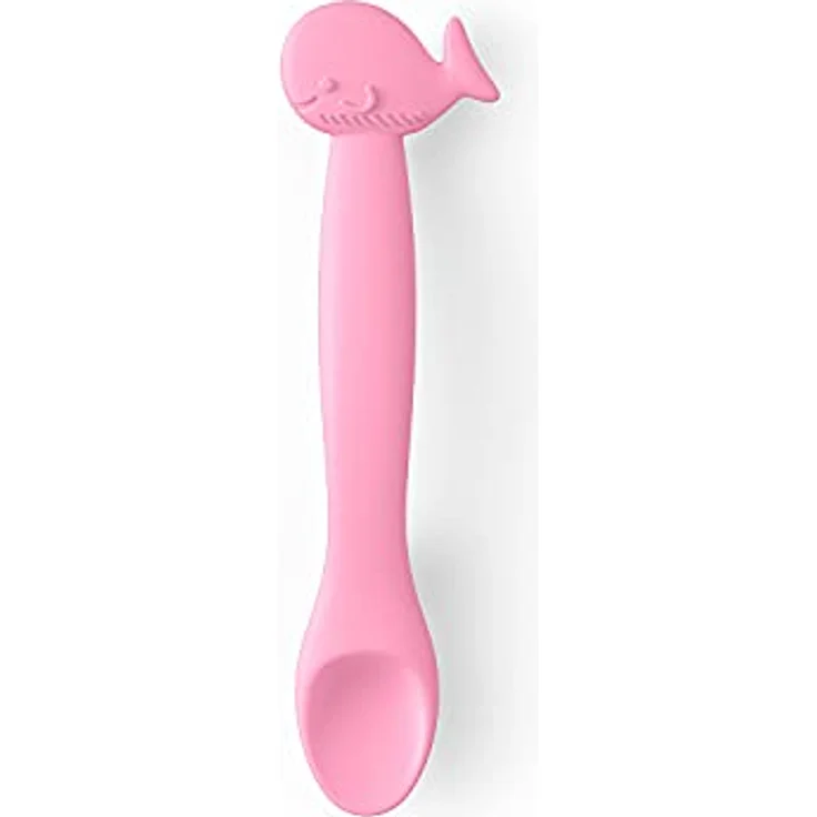 Suavinex Löffel aus Silikon für Kinder + 4 Monate, flexibel mit langem Griff und niedlichen Tieren, weich, für empfindliche Geniss, spülmaschinenfest, Wal, Rosa – Bild 1