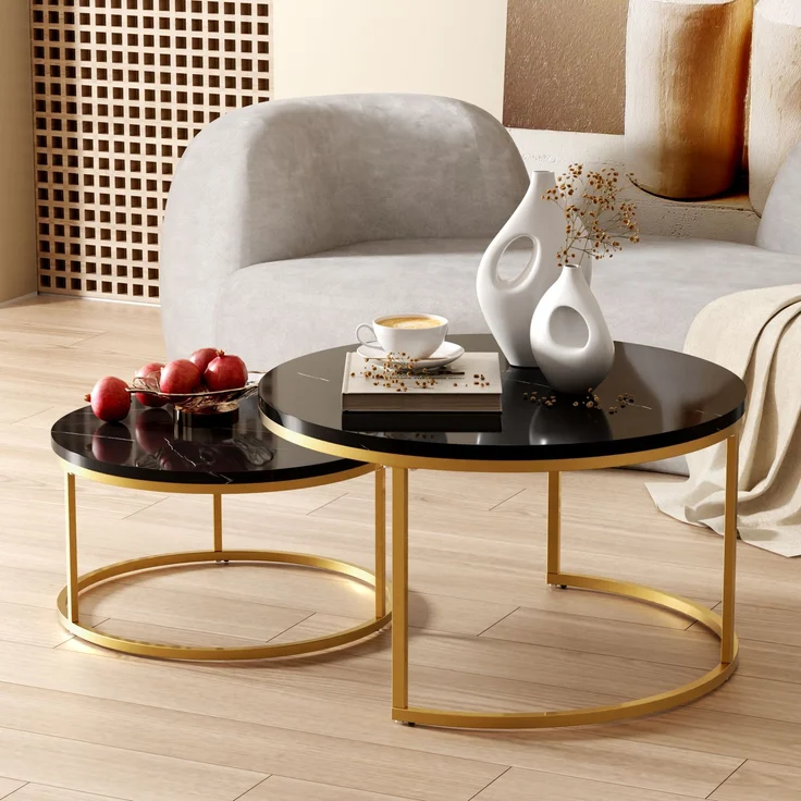 2er-Set runder Couchtisch aus MDF mit Metallrahmen & Nestfunktion, Ø80 cm + Ø60 cm, Schwarz – Bild 1