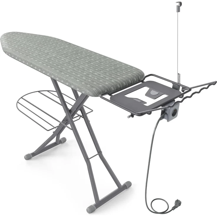 SONGMICS Bügelbrett mit Steckdose, für Dampfbügeleisen, Höhenverstellbar, Klappbar, 152 x 48 x 72-92 cm, Grau und Silber – Bild 1