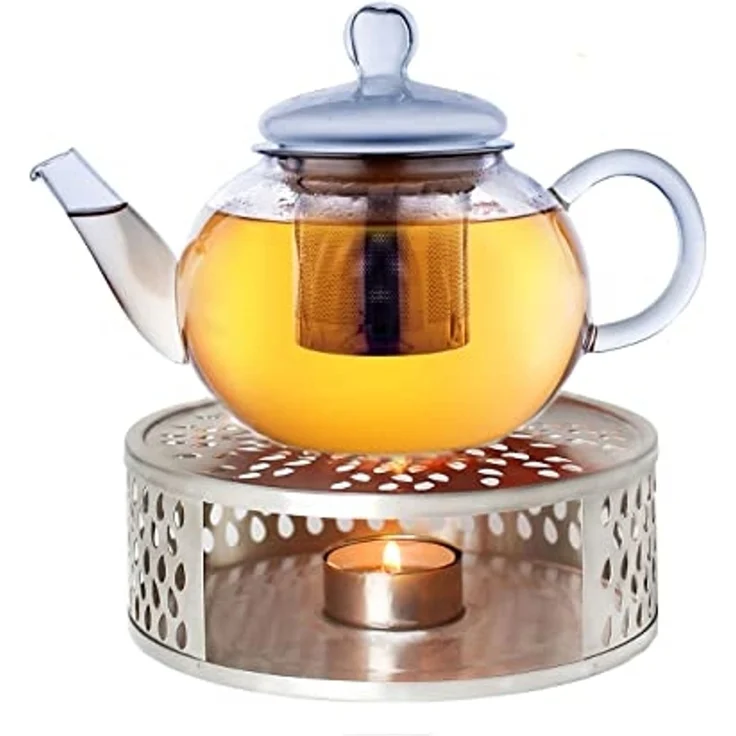 Creano Teekanne Creano Teekanne aus Glas 0,8l + ein Stövchen aus Edelstahl, 3-teilige, (Set, 4-St) – Bild 1