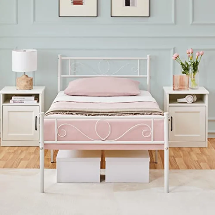 Yaheetech Bettrahmen Metallbett Bettgestell aus Metall, Einzelbett für 90x190 cm Matratze, Gästebett für kleine Räume, Weiß – Bild 2