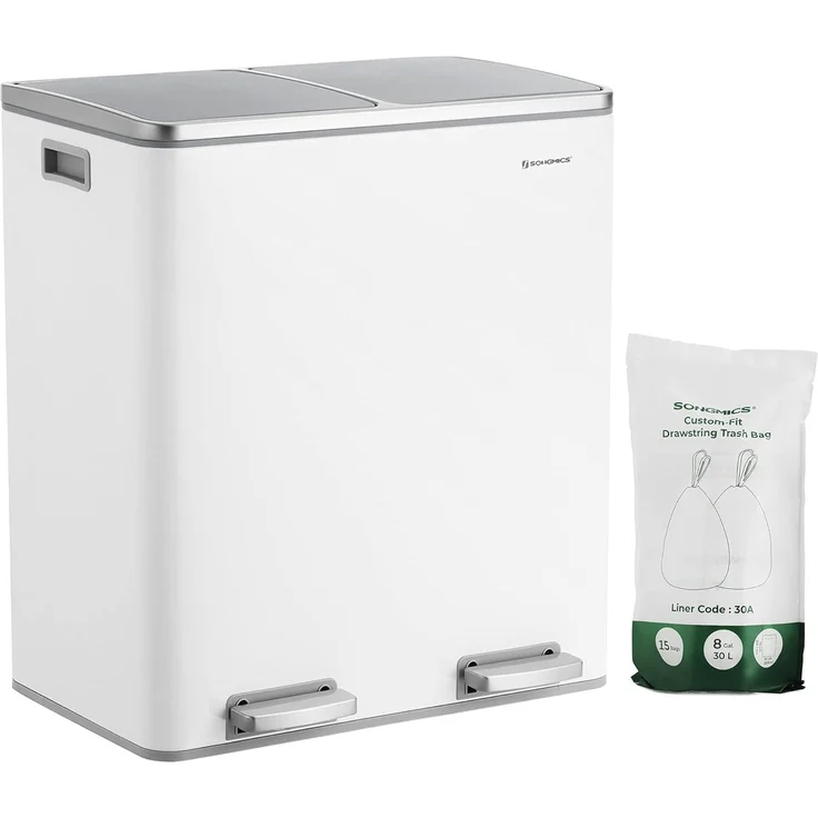 Songmics Mülleimer mit 2 Fächern und Softclose, luftdicht inkl. Müllbeutel, Metall, 60 (2x30) Liter, Weiß – Bild 1