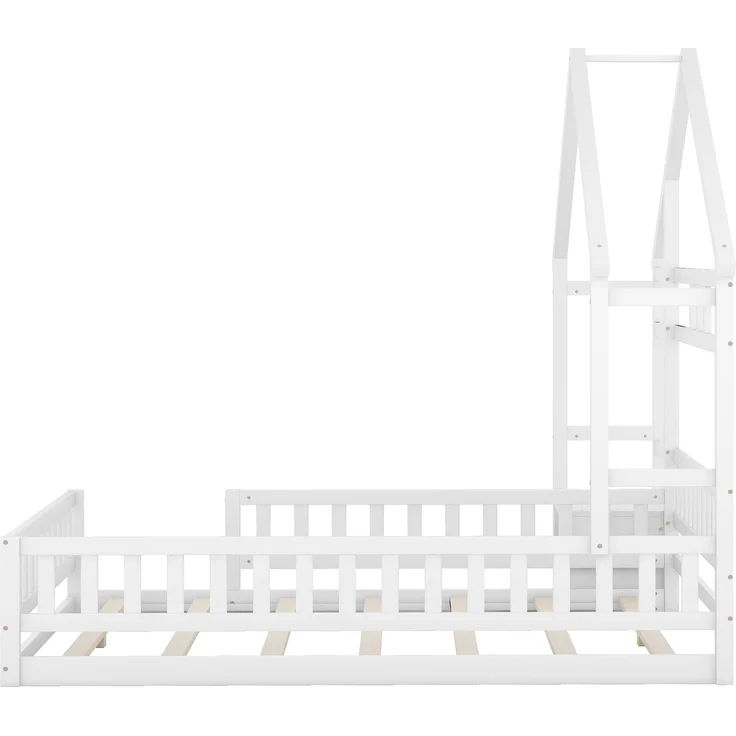Kinderhausbett, Flachbett aus Kiefernholz mit Geländer, inklusive Nachttisch, stabiles Massivholzbett für Kinder, Weiß – Bild 8