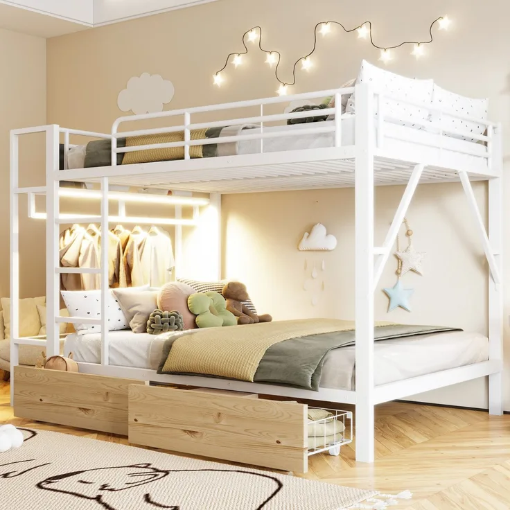 Etagenbett mit Schubladen, RGB LED-Streifen, Kleiderstange, Regal, Lattenrost und Leiter, 140x200 cm, Kinderbett mit Rausfallschutz, Metallbett